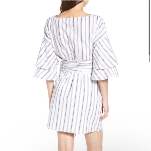 WAYF Women’s Beckett Blue Striped Ruffle Wrap Dress Large Bow Cotton Stretch S - Picture 3 of 13